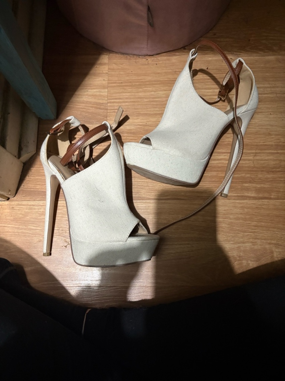 Cream Peep-Toe Platform Slingback Heels